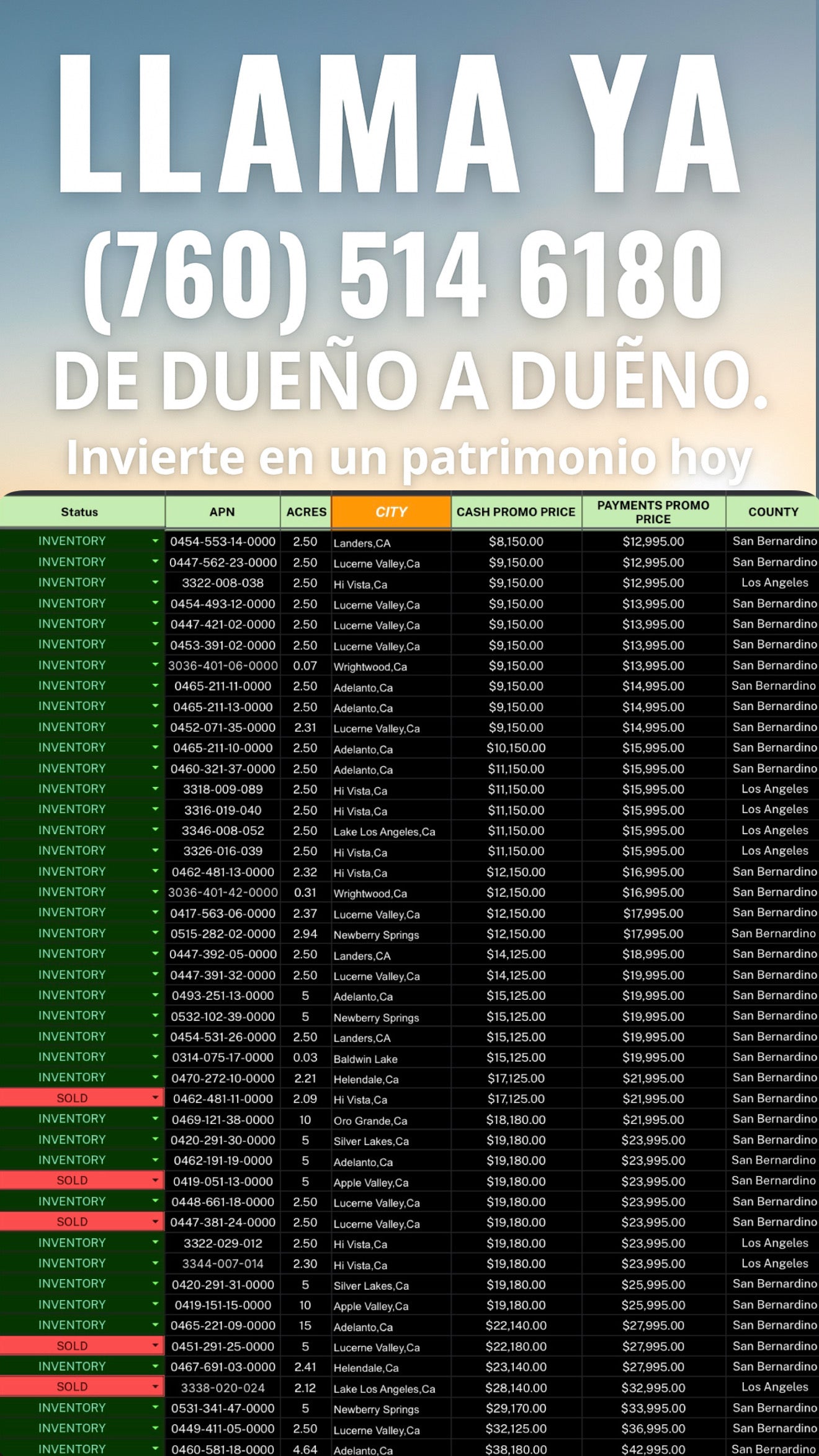 ADELANTO 2.50 acres PROMOCION DE TIEMPO LIMITADO